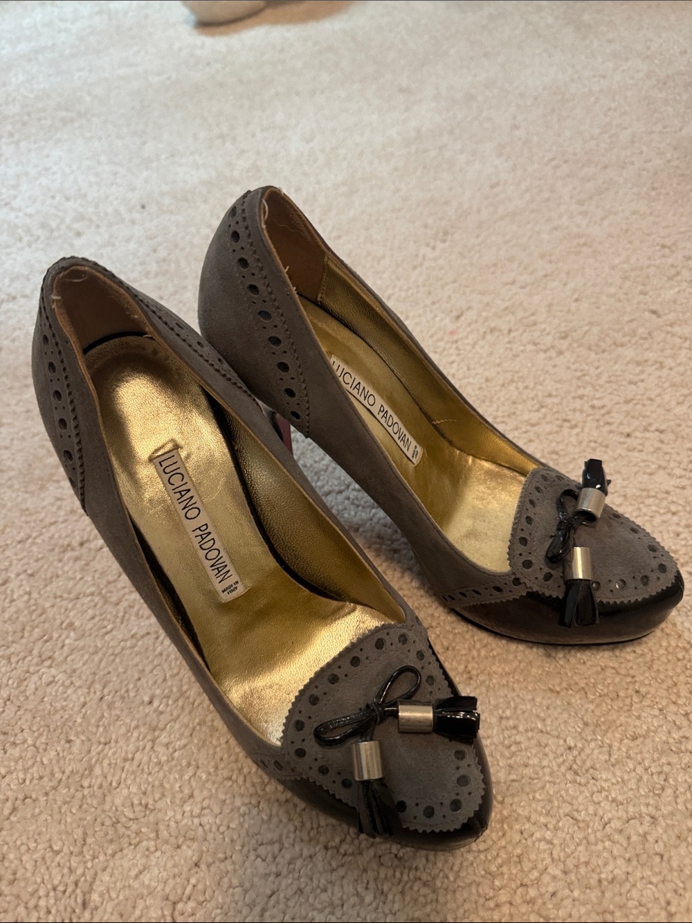 Luciano Padovani Gray Suede Tassel Peep-Toe Heels
